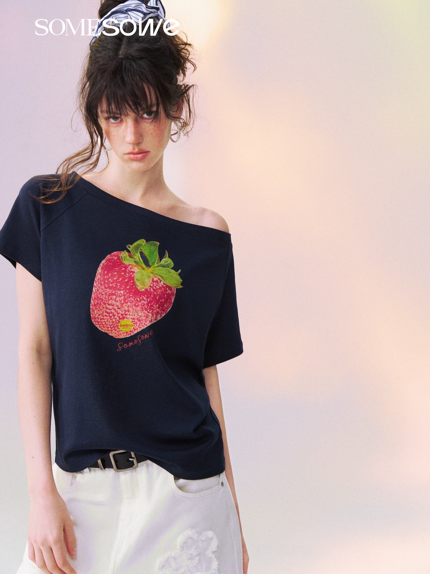 SOMESOWE S2609129 Dopamine Color Strawberry Print Off-the-Shoulder T-shirt