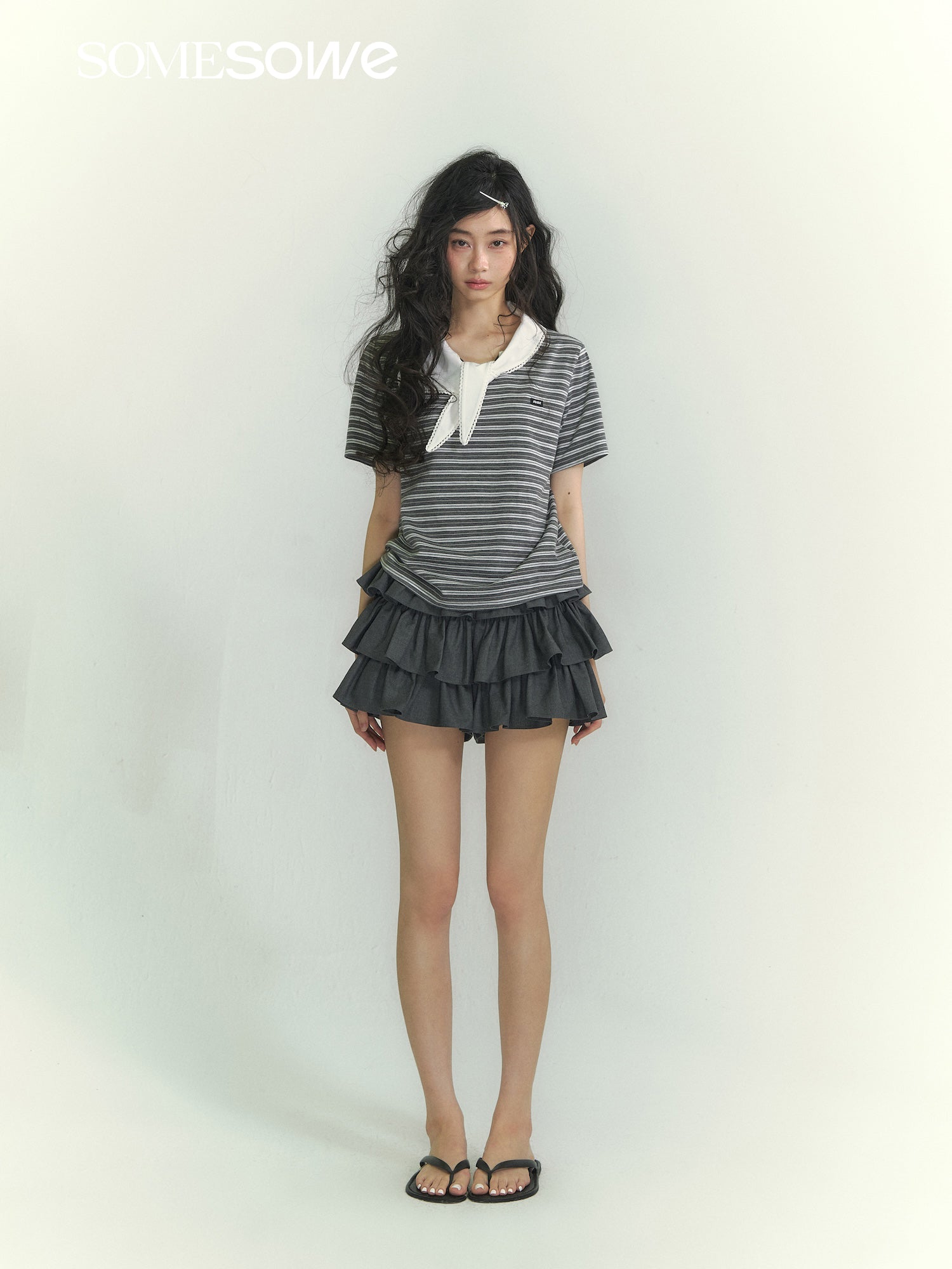 SOMESOWE S2609041 Lace collar short sleeved striped T-shirt