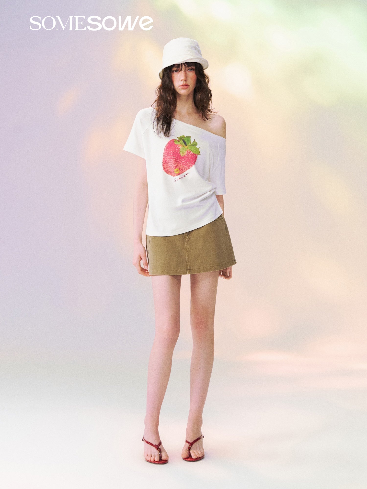 SOMESOWE S2609129 Dopamine Color Strawberry Print Off-the-Shoulder T-shirt