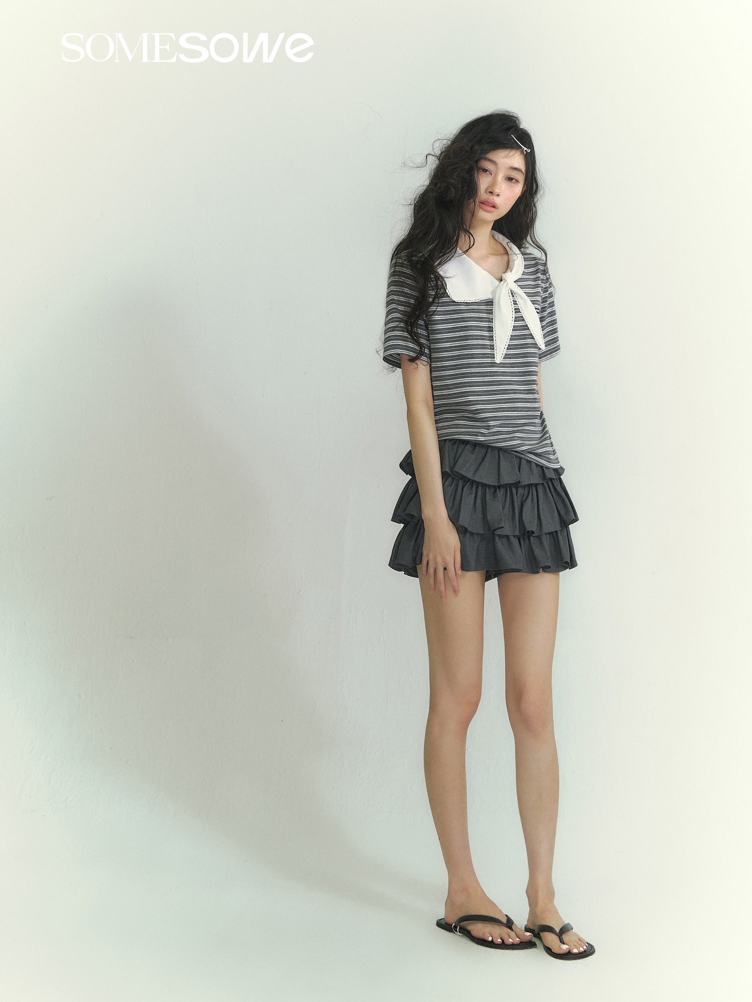 SOMESOWE S2609041 Lace collar short sleeved striped T-shirt