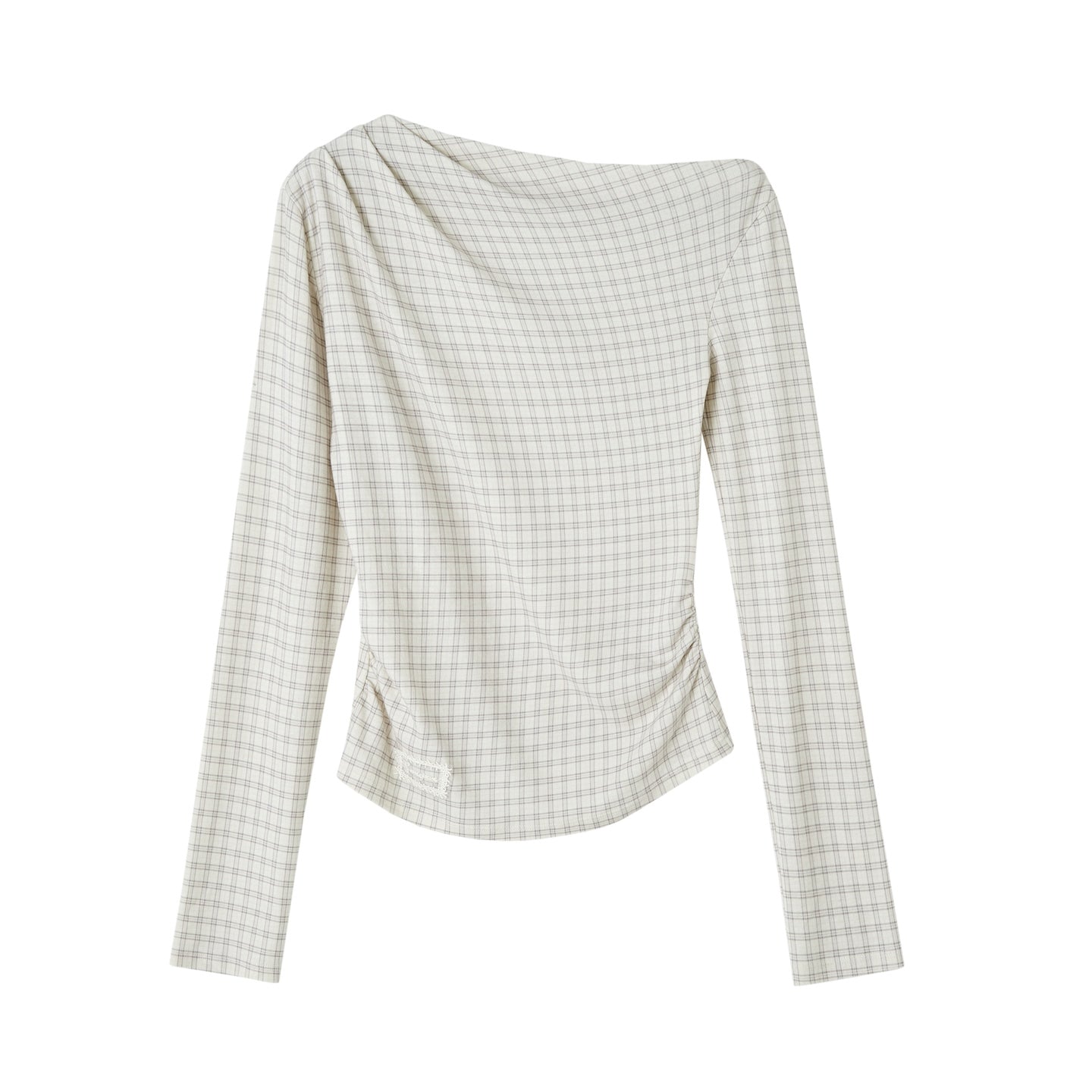 SOMESOWE S2508260 Velvet plaid diagonal shoulder pleated long sleeved T-shirt