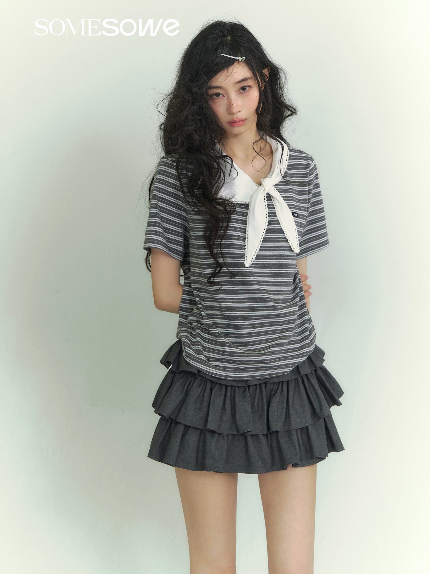 SOMESOWE S2609041 Lace collar short sleeved striped T-shirt