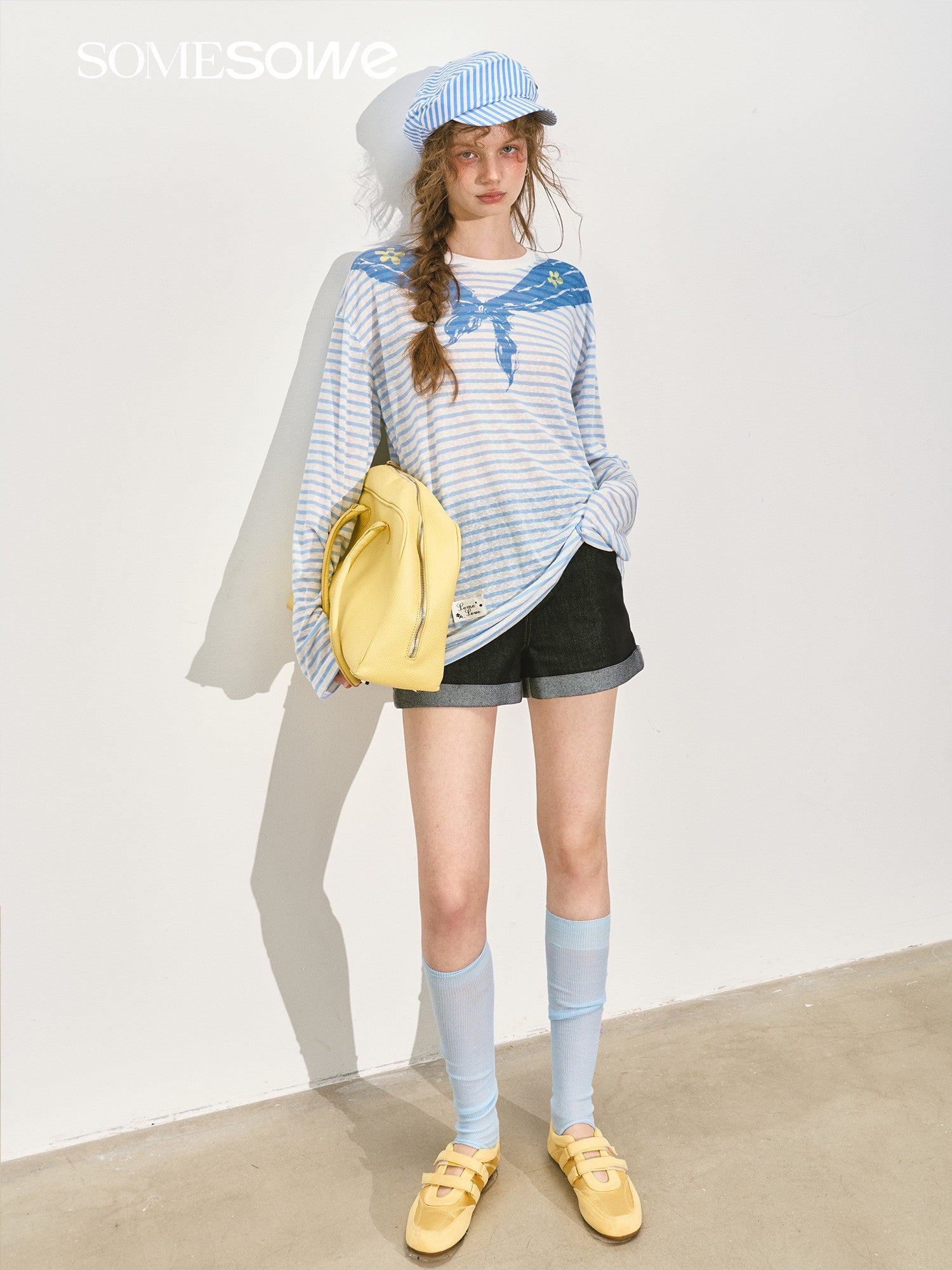 SOMESOWE S2508134 Navy collar printed striped long sleeved T-shirt