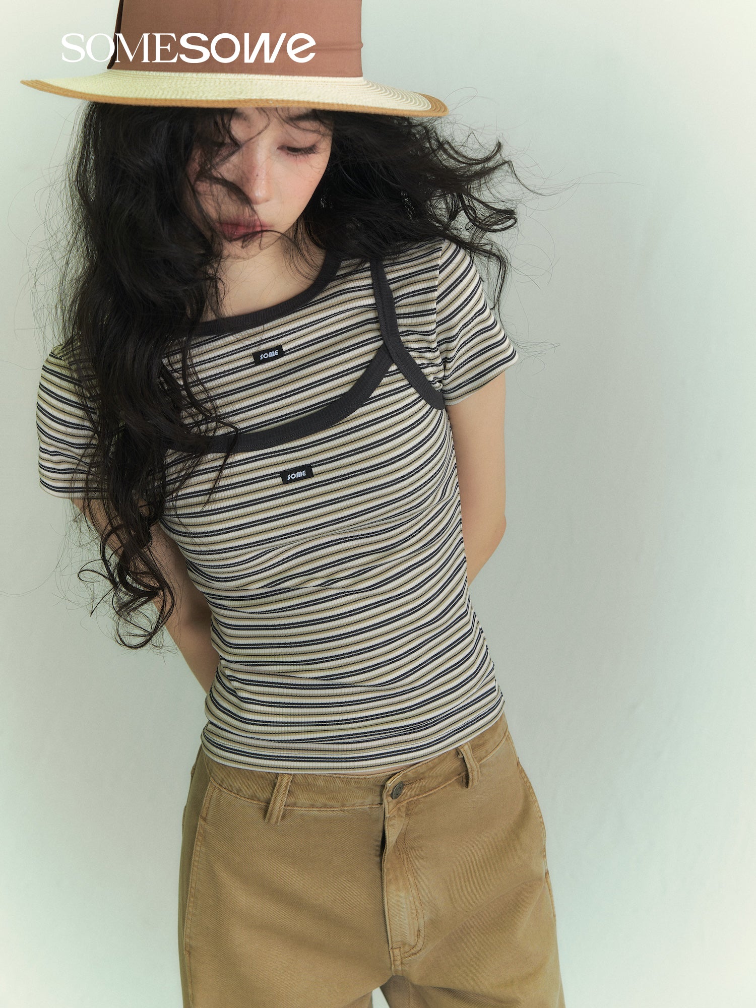 SOMESOWE S2609040 Casual striped T-shirt sling set