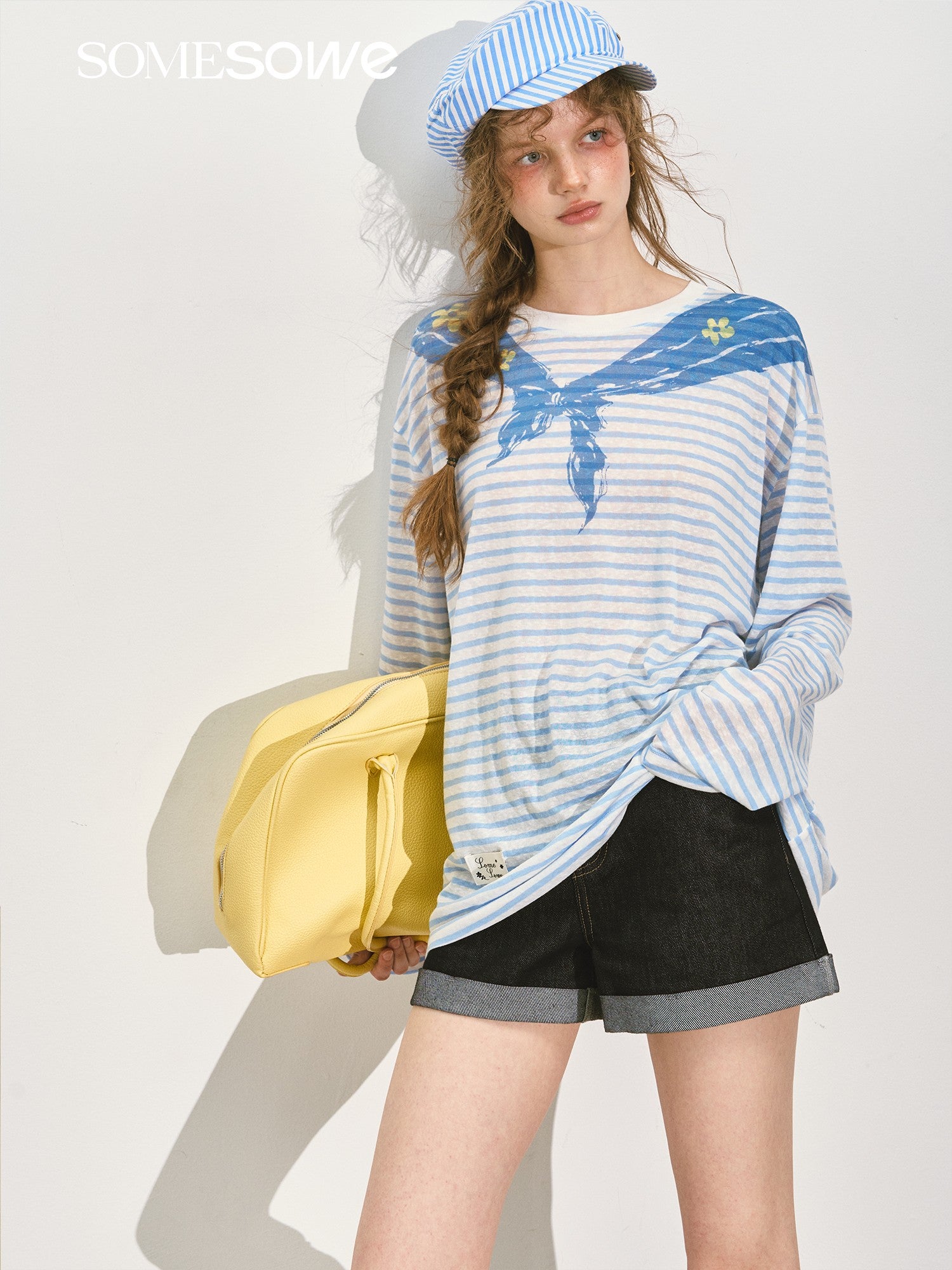 SOMESOWE S2508134 Navy collar printed striped long sleeved T-shirt