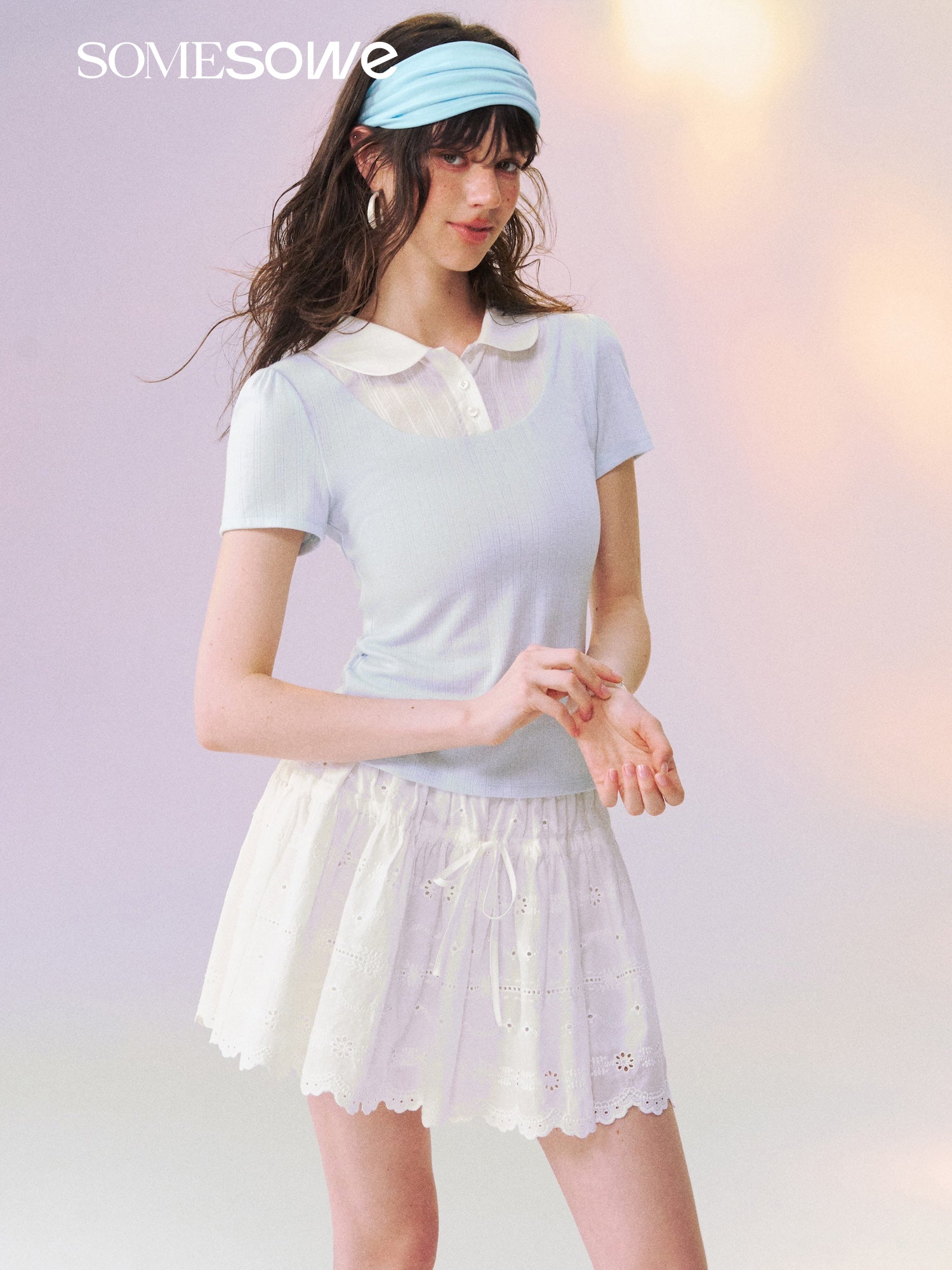 SOMESOWE S2609136 Fake Two-Piece Peter Pan Collar Short Sleeve T-Shirt
