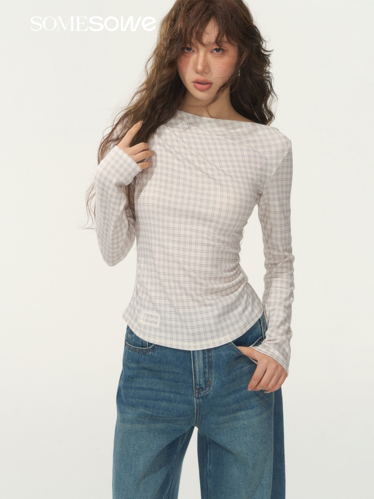 SOMESOWE S2508260 Velvet plaid diagonal shoulder pleated long sleeved T-shirt
