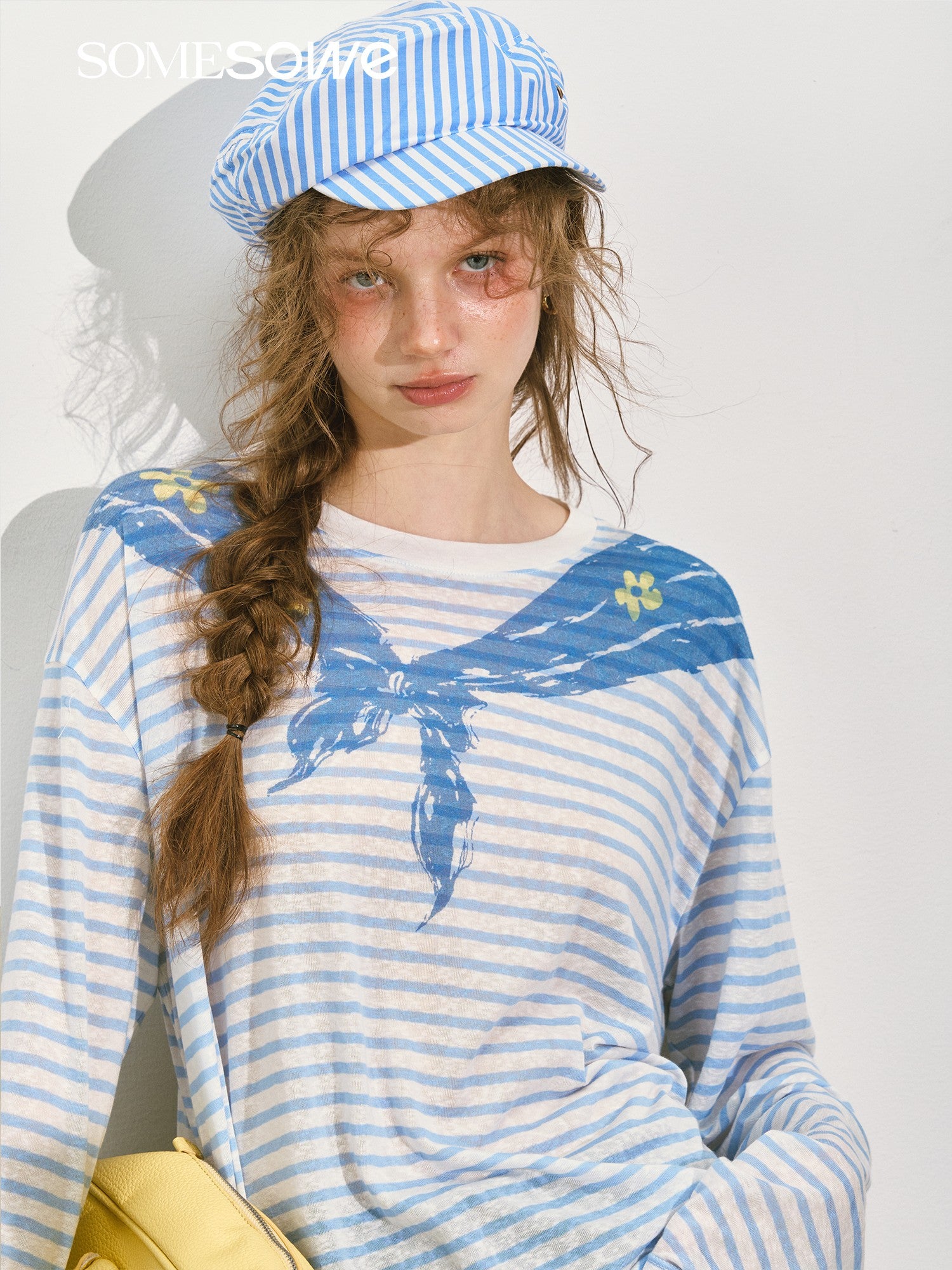 SOMESOWE S2508134 Navy collar printed striped long sleeved T-shirt