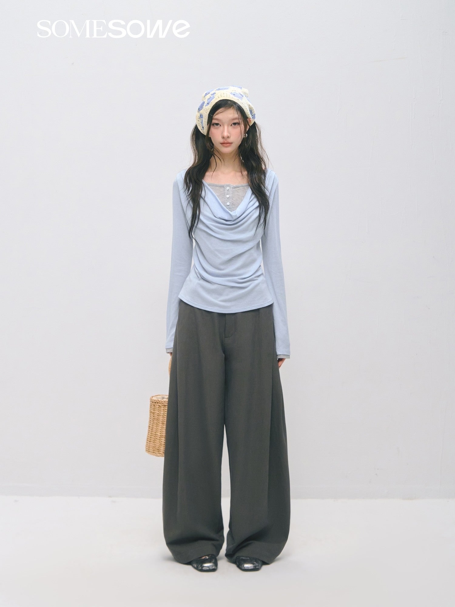 SOMESOWE S2509021 Fake Two Swinging Collar Waist Long Sleeve T-shirts