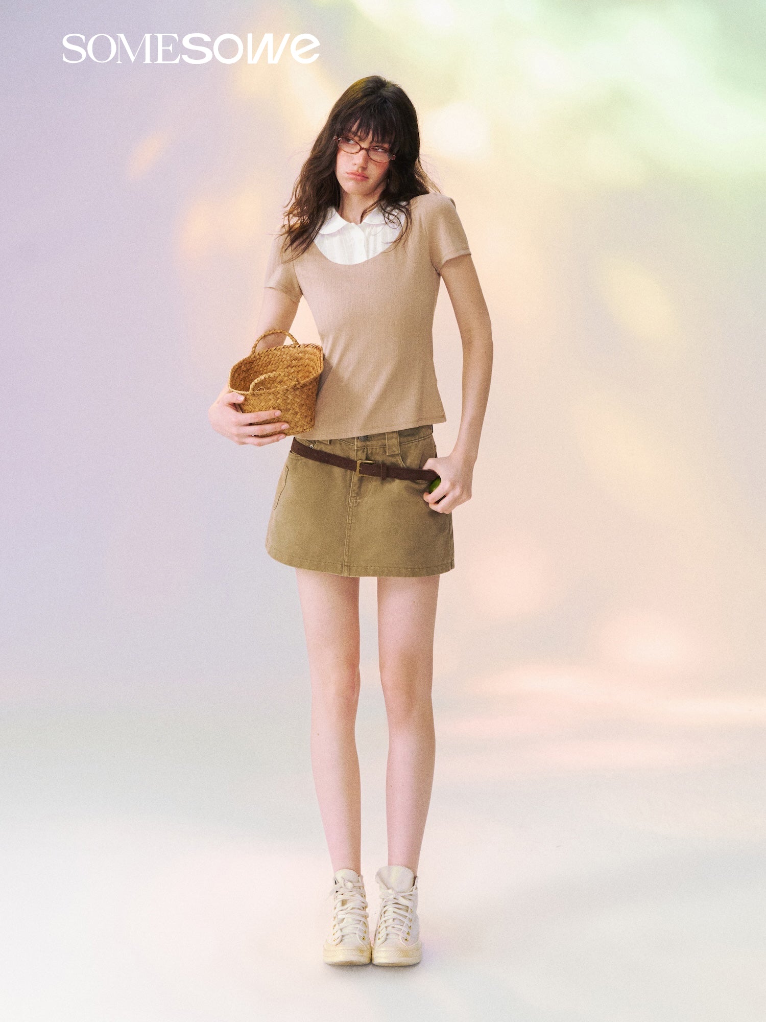 SOMESOWE S2609136 Fake Two-Piece Peter Pan Collar Short Sleeve T-Shirt