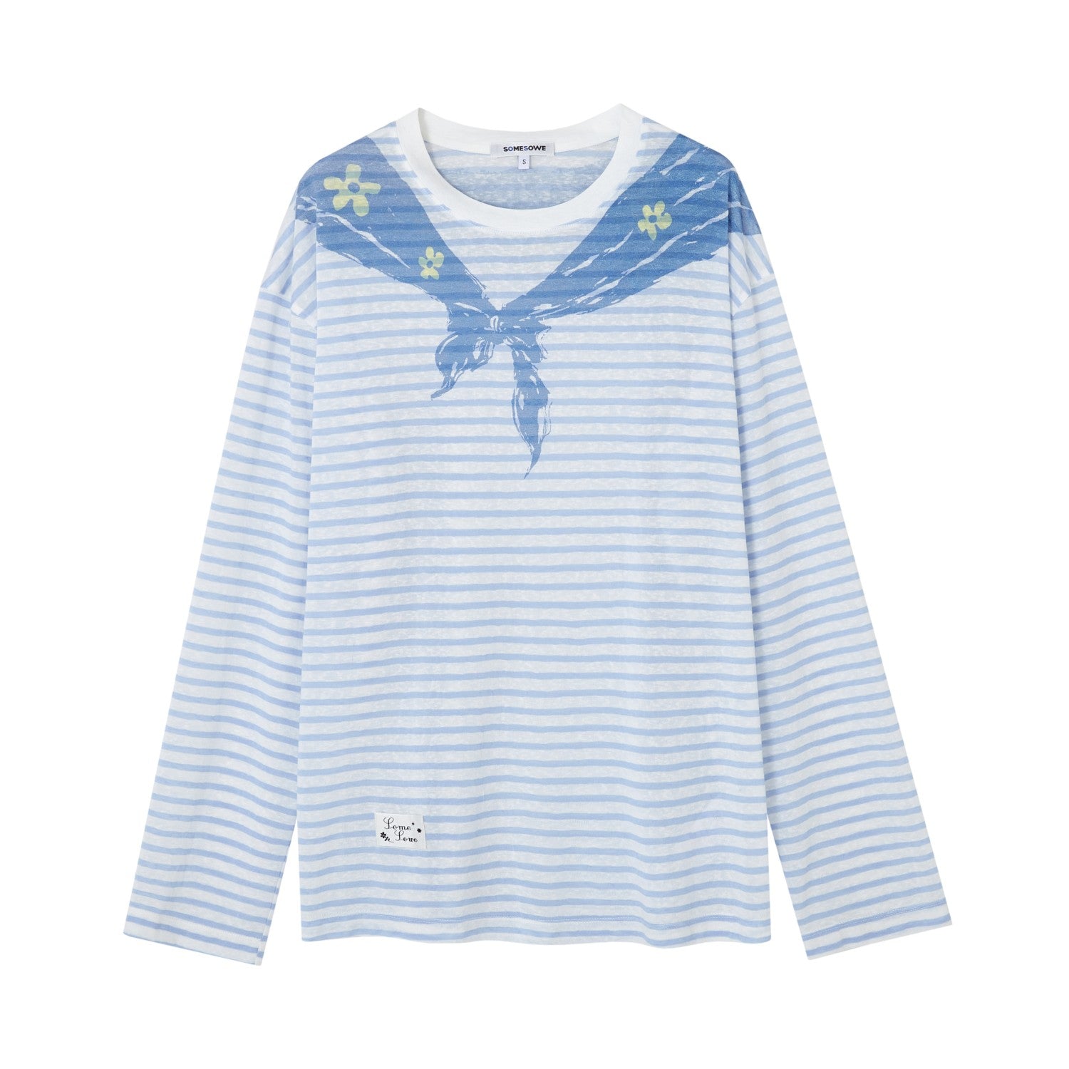 SOMESOWE S2508134 Navy collar printed striped long sleeved T-shirt