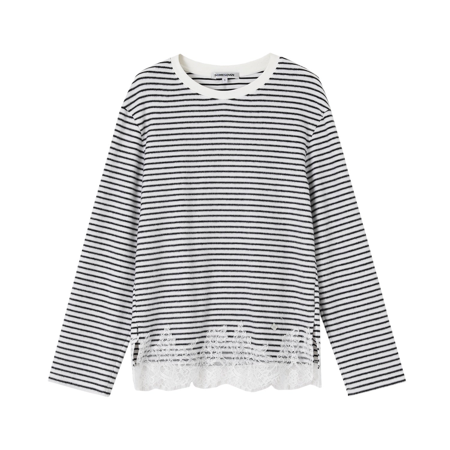 SOMESOWE S2508297 Lace patchwork velvet striped long sleeved T-shirt