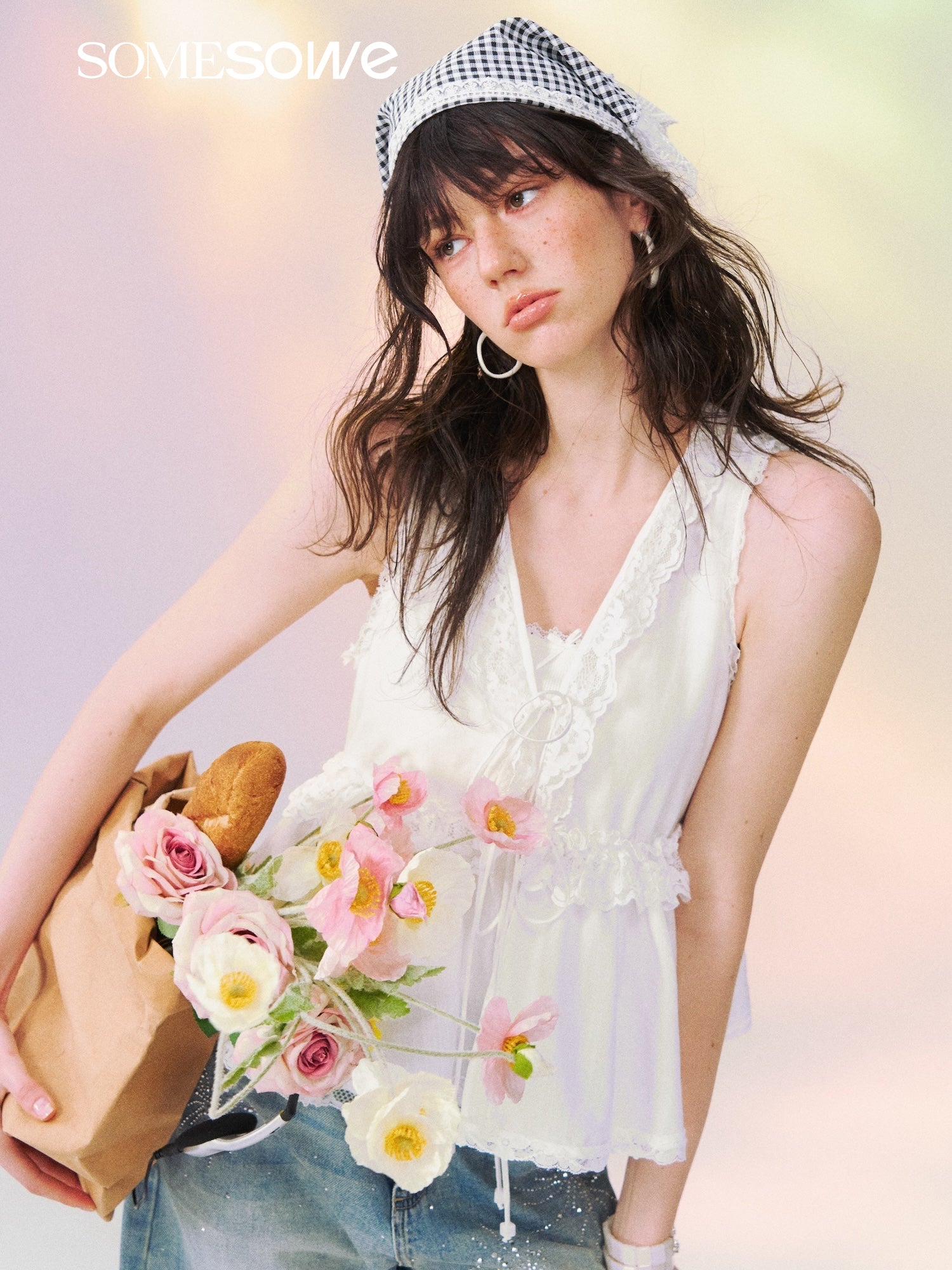 SOMESOWE S2609117 Lace Panel V-Neck Tie Blouse