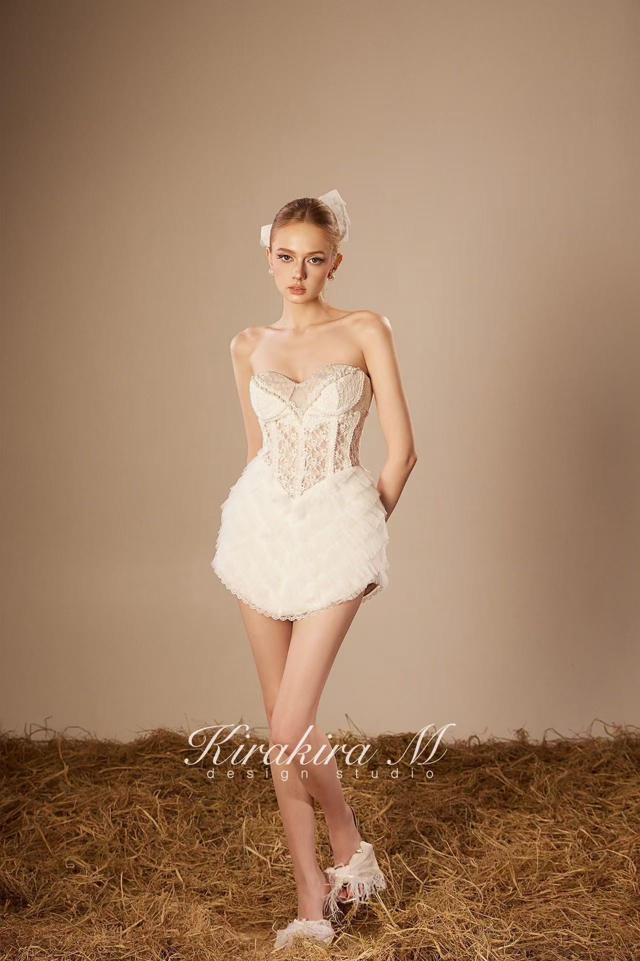 KiraKira.M K121148 "Wonderlust" White glitter layers of lace dress