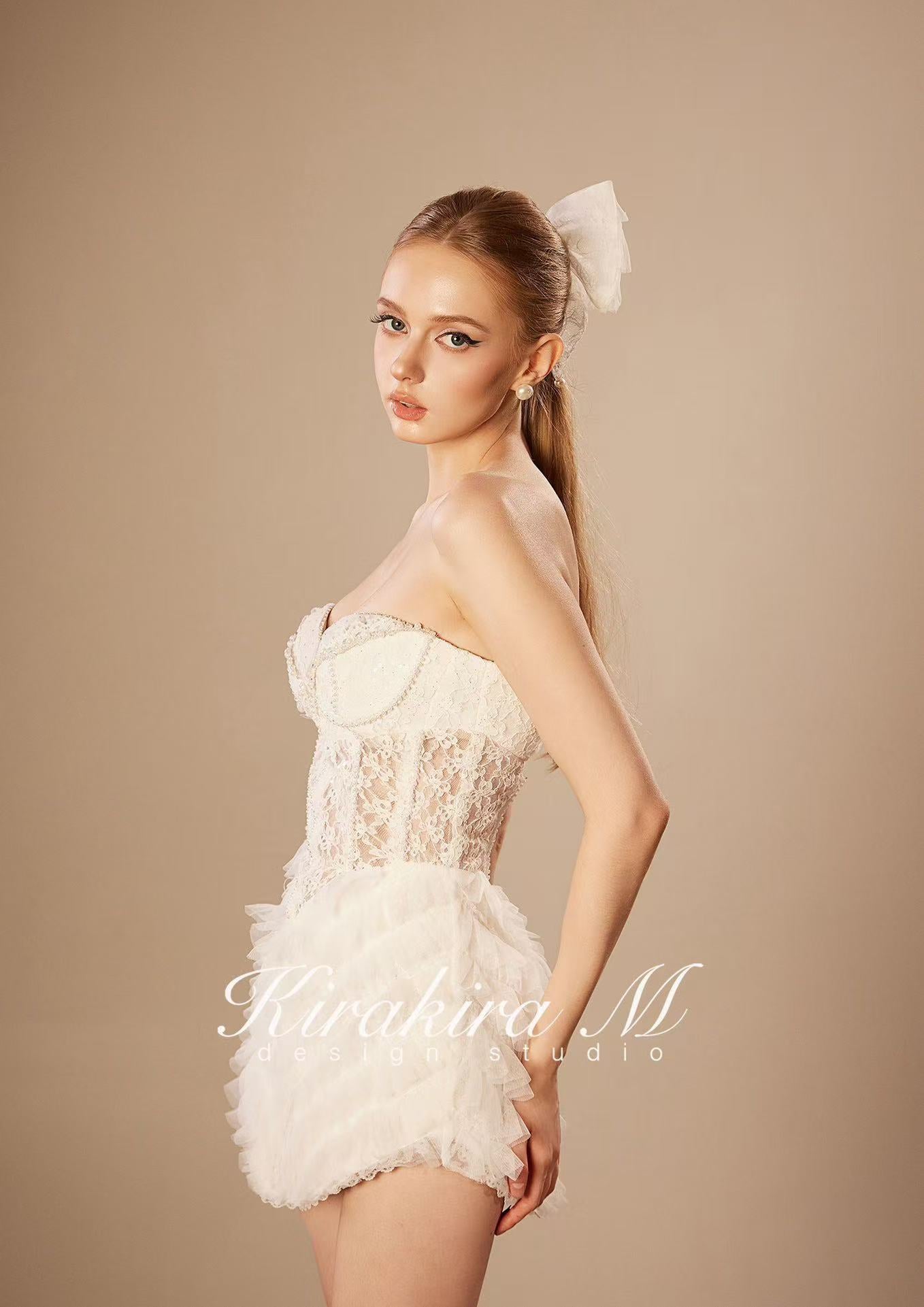KiraKira.M K121148 "Wonderlust" White glitter layers of lace dress