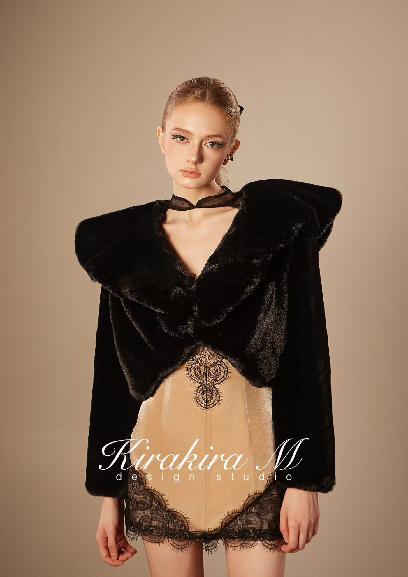 KiraKira M. K121151 "Wonderlust" Nude velvet with black lace dress