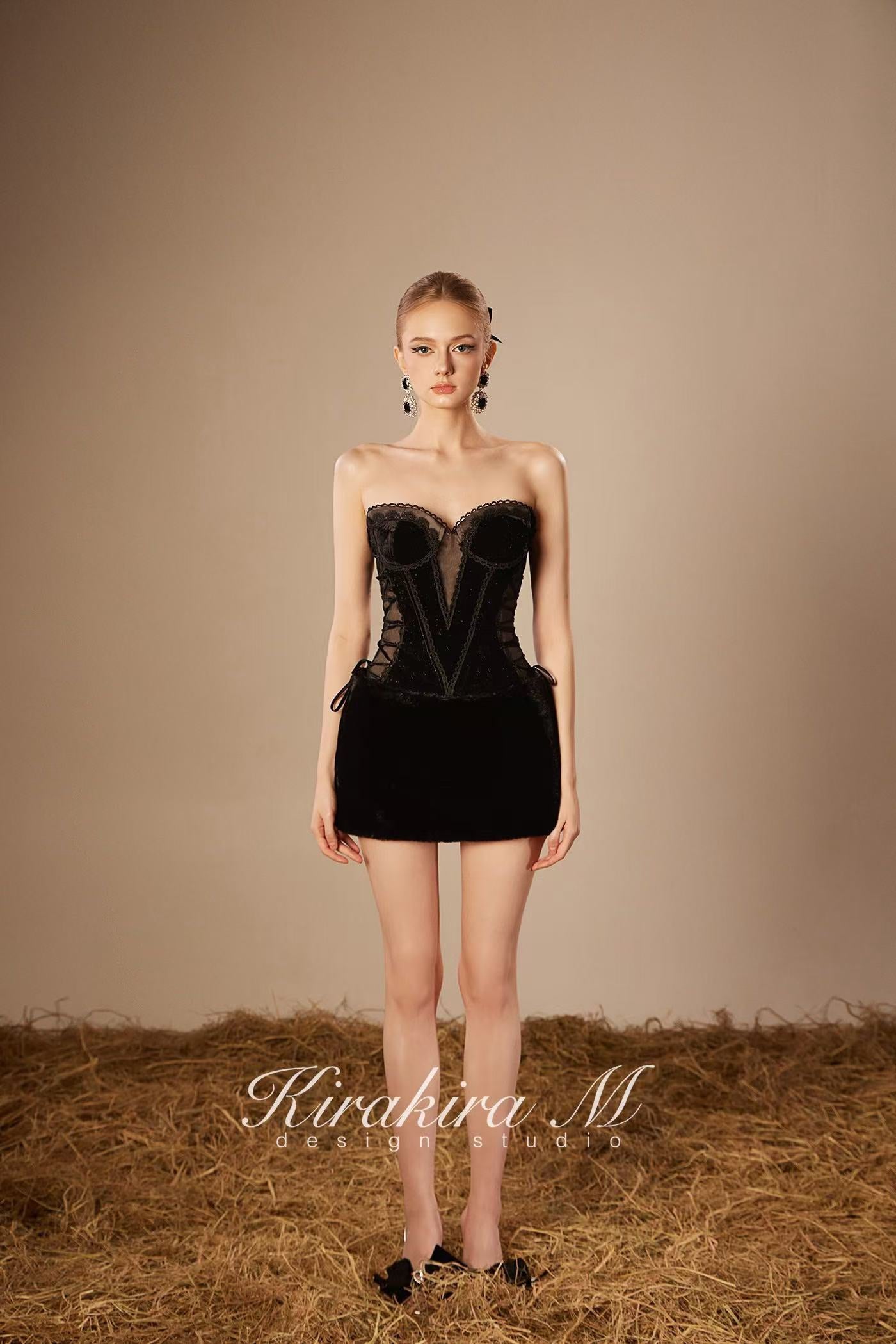 Kirakira.M K121145 "Wonderlust" Black velvet hairy strap dress