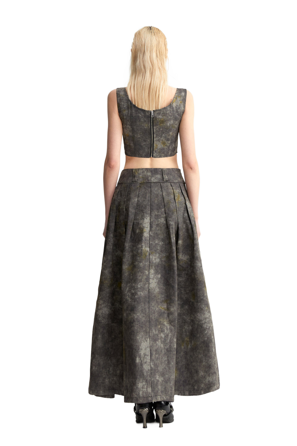 YJ1NGZYZJ DENIM ACID-WASH LONG SKIRT IN GRAY