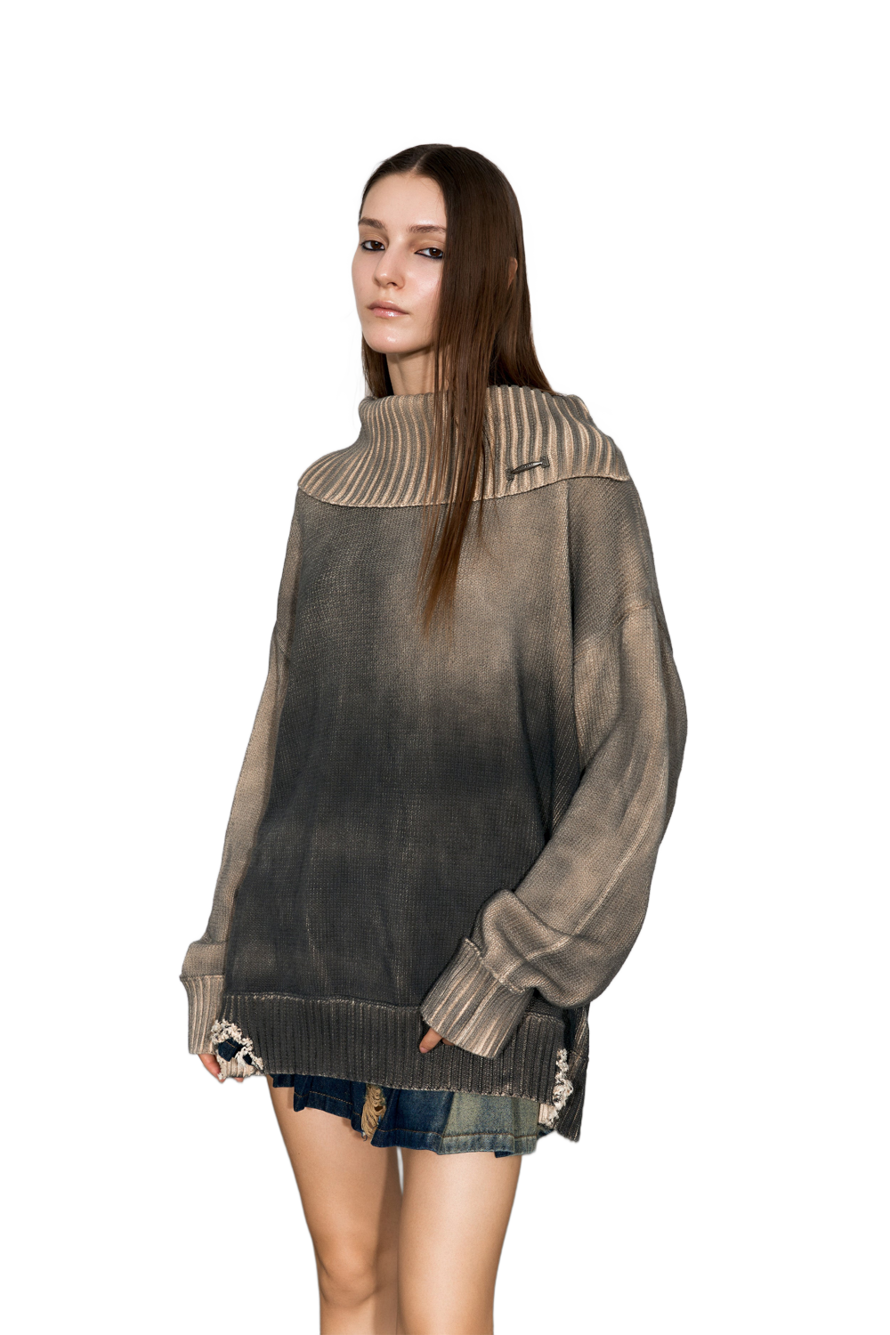 YJ1NGZYZJ Distressed Oversized Sweater In Dark Brown