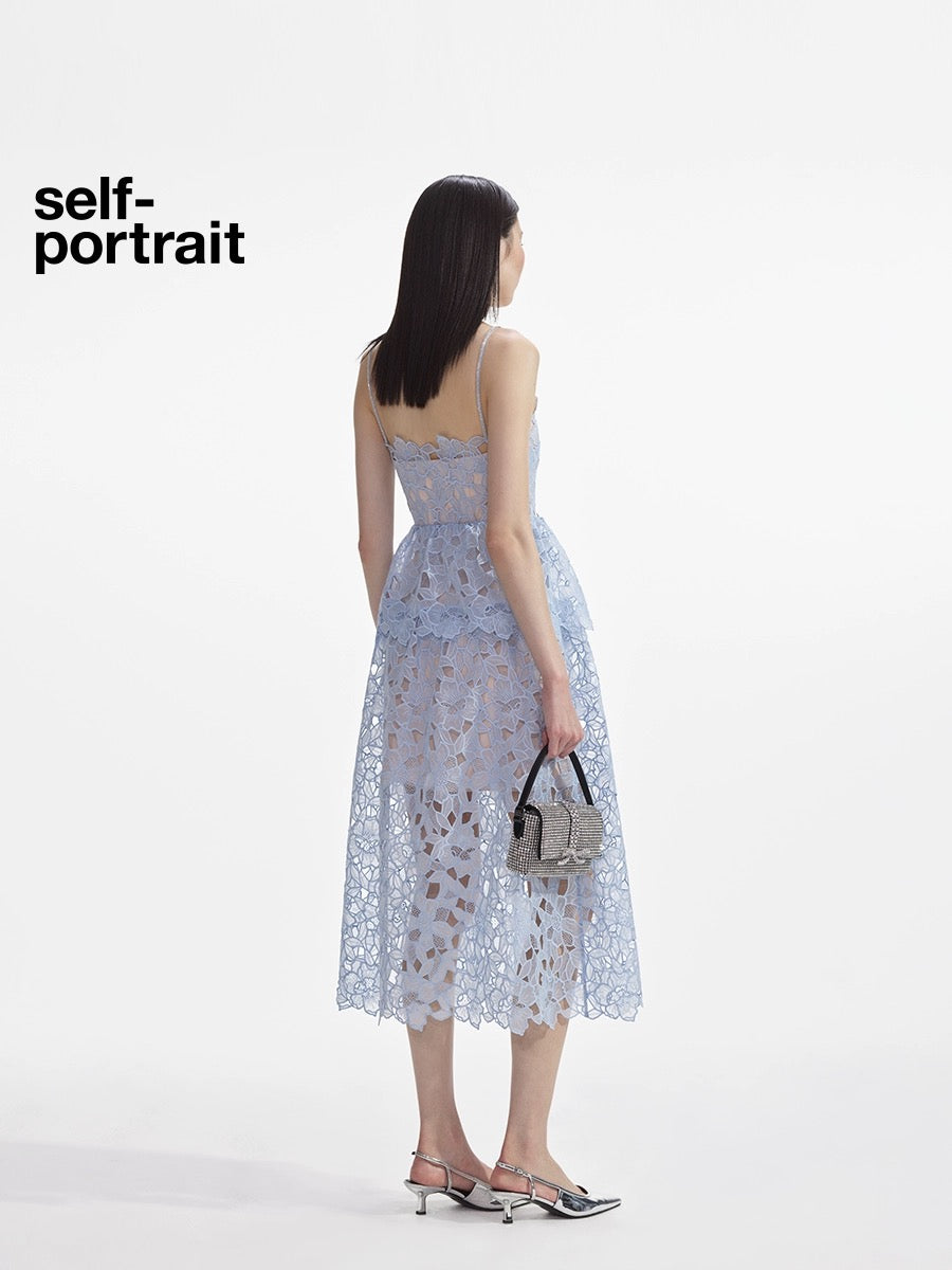 Self-Portrait BLUE ORGANZA LACE MIDI DRESS