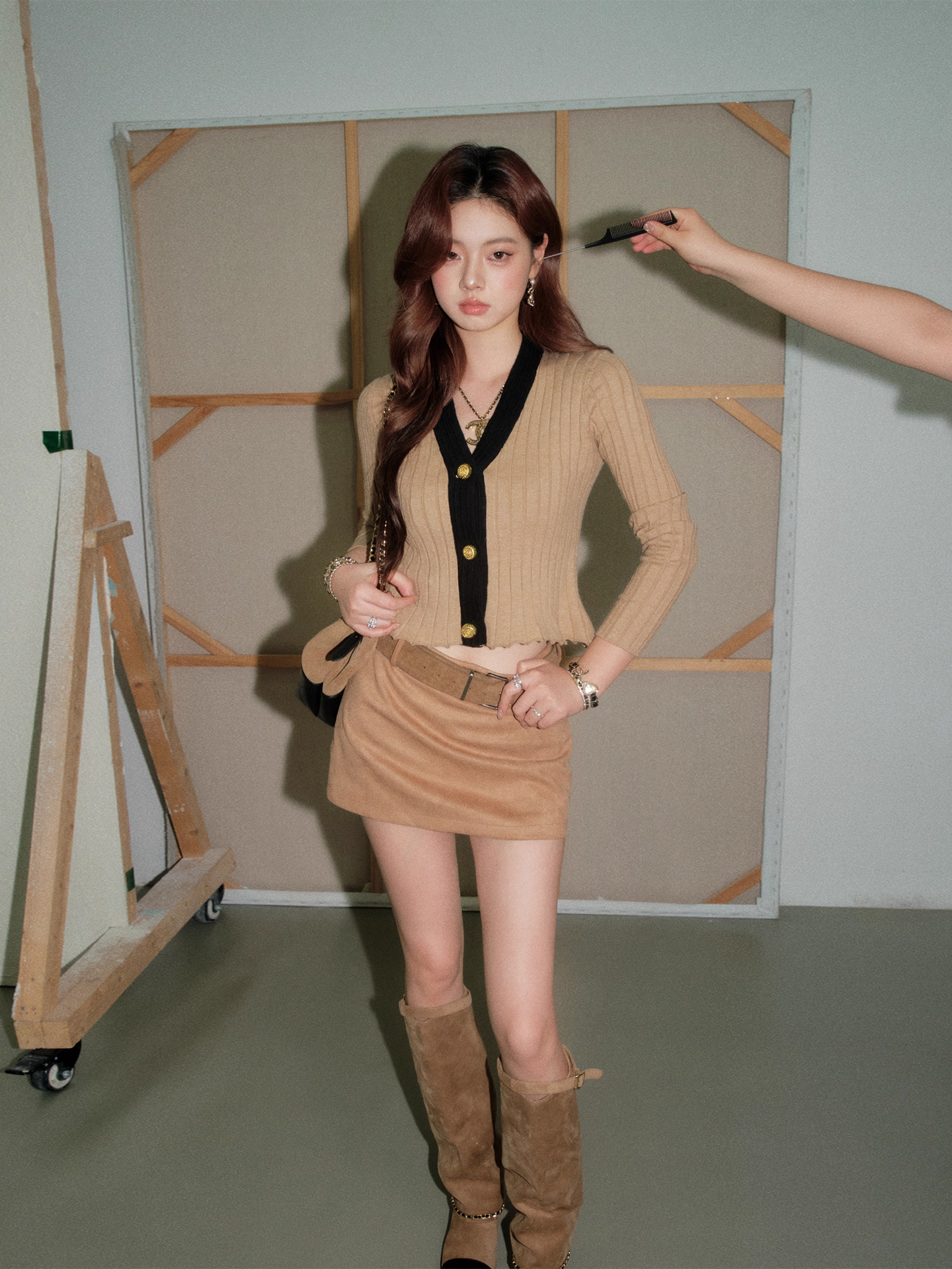 OLIVIA DUO DSY25391 Khaki Color-Block Trim Knit Top