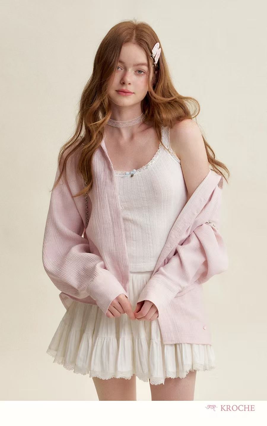 Kroche Lace patchwork loose pink shirt