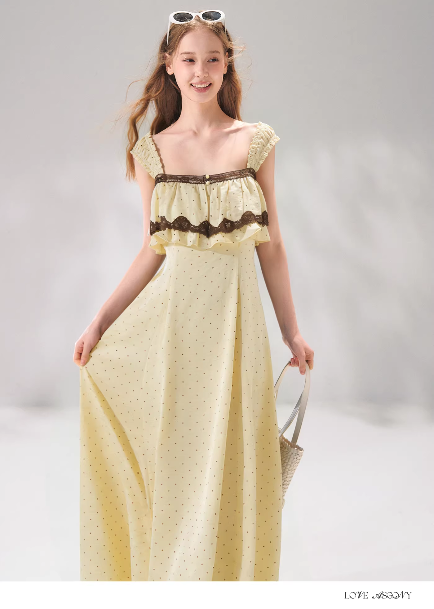 AsGony ASG26056 French lace patchwork camisole polka dot dress