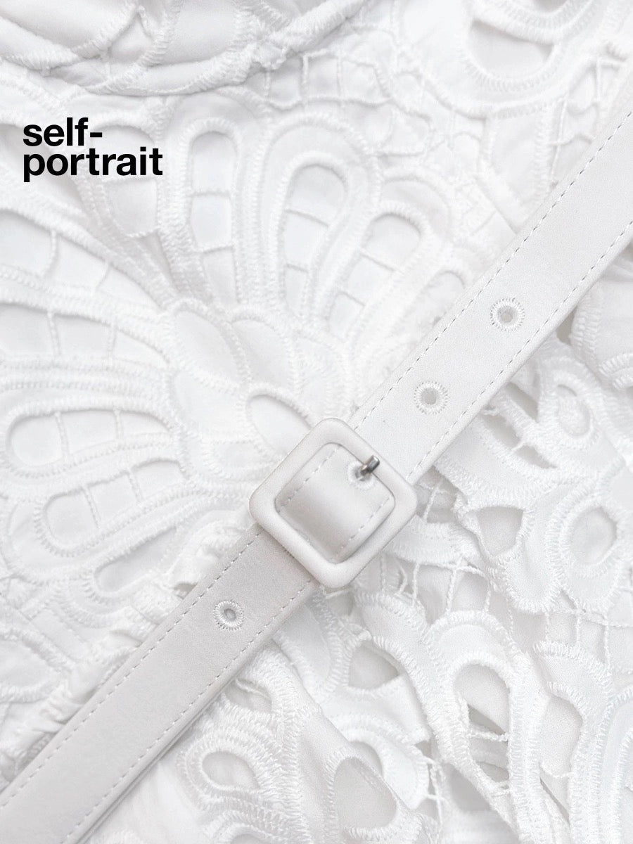 Self-Portrait WHITE COTTON LACE TIERED MIDI DRESS