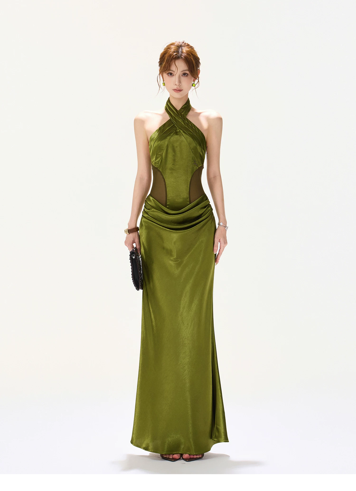 CYNR Satin Mesh Halter Fishtail Maxi Dress Slim Fit