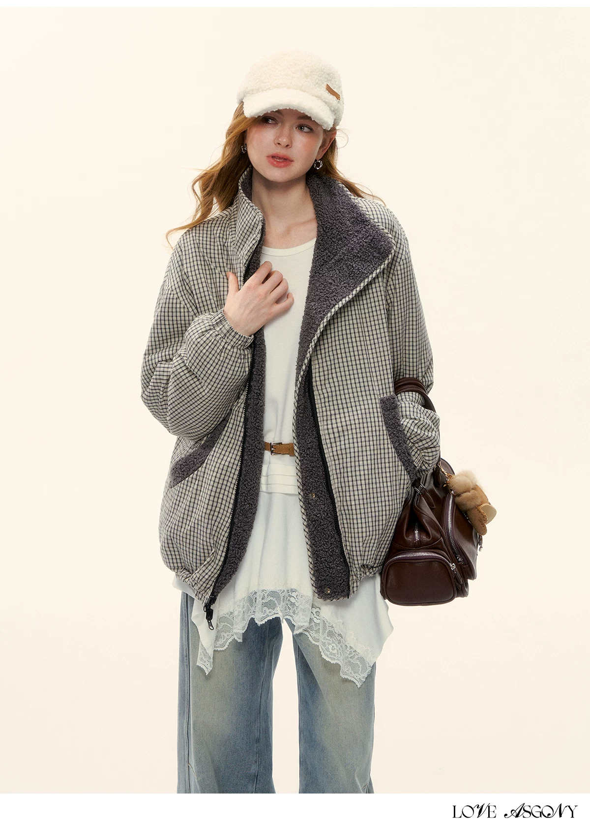 AsGony ASG25616 Gray plaid fleece jacket