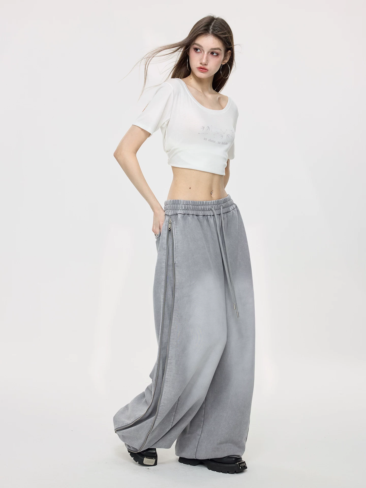 Nova Street Washed Grey Wide Leg Sweatpants