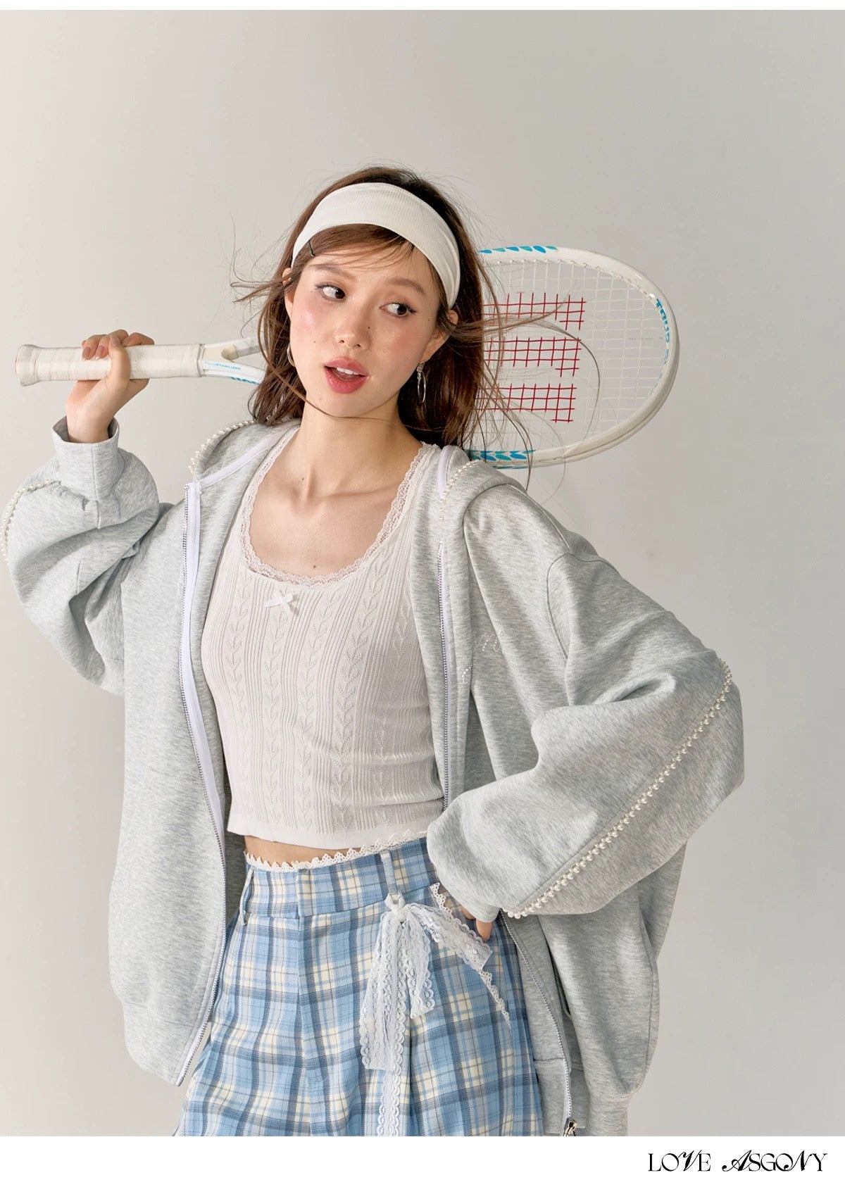 AsGony Grey Oversized Pearl Hoodie 24449