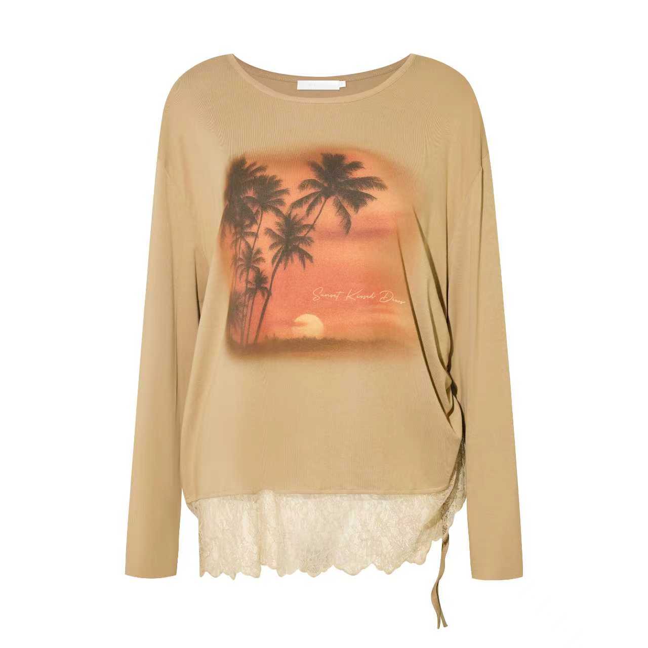 16DEWS 16D25375&16D25375 Sunset printed patchwork lace T-shirt + pants set
