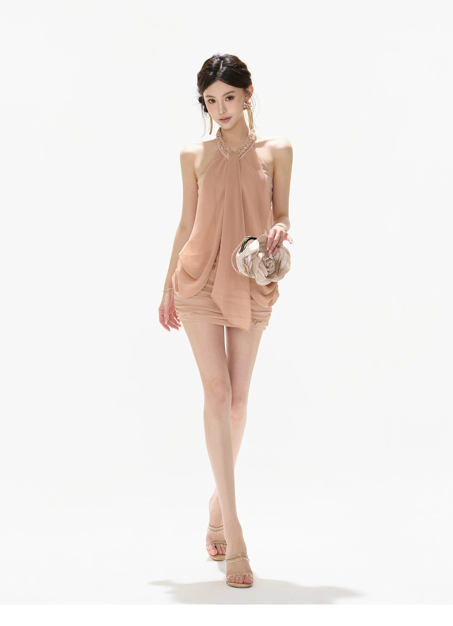 CYNR Chiffon Woven Halter Bodycon Dress