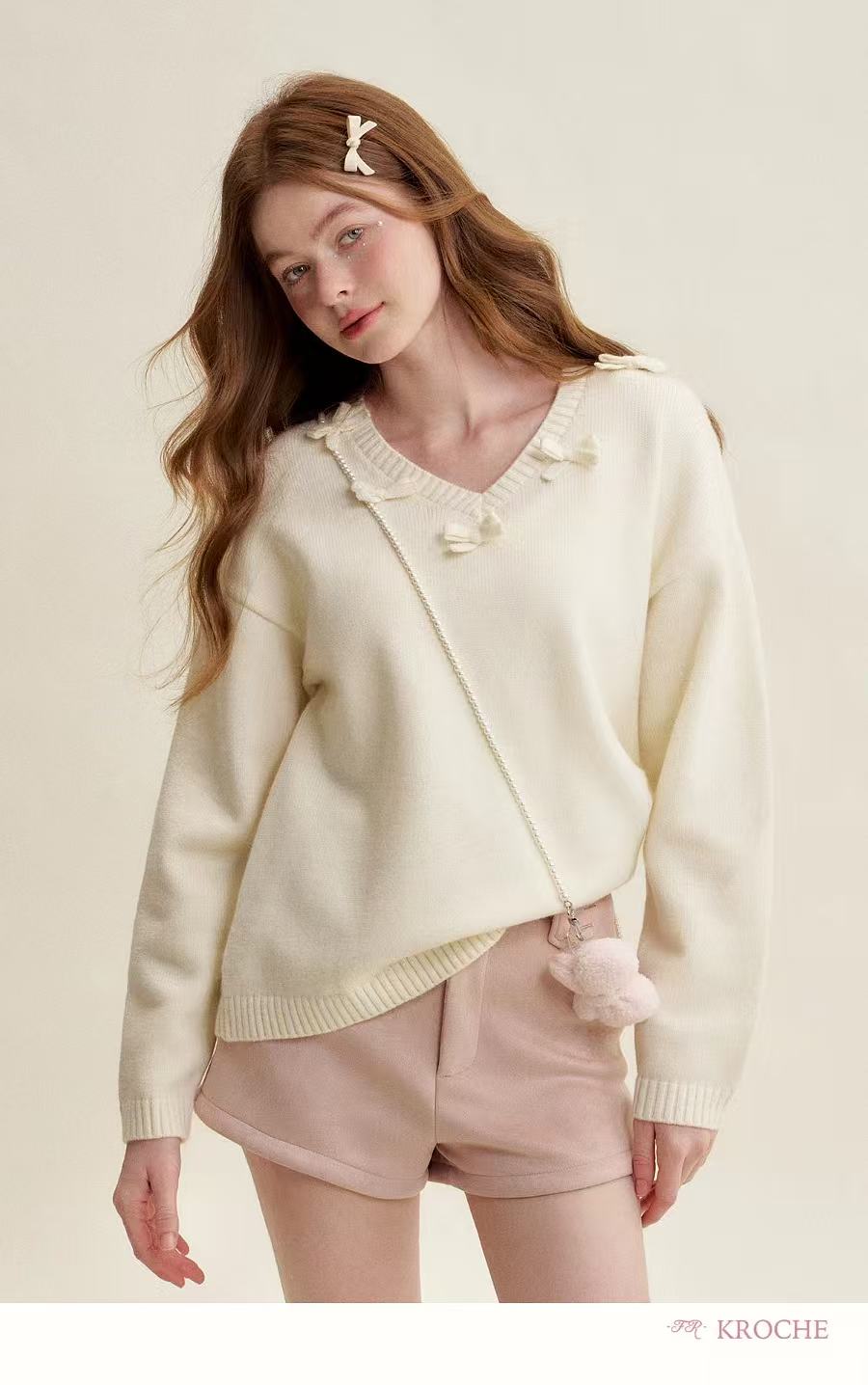 Kroche Bow tie V-neck loose sweater