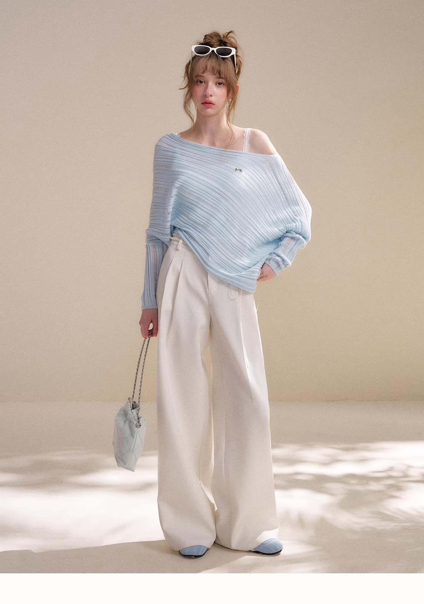 Kroche KP9080 Cutout Batwing Sleeve Knit Top &Pearl Pants