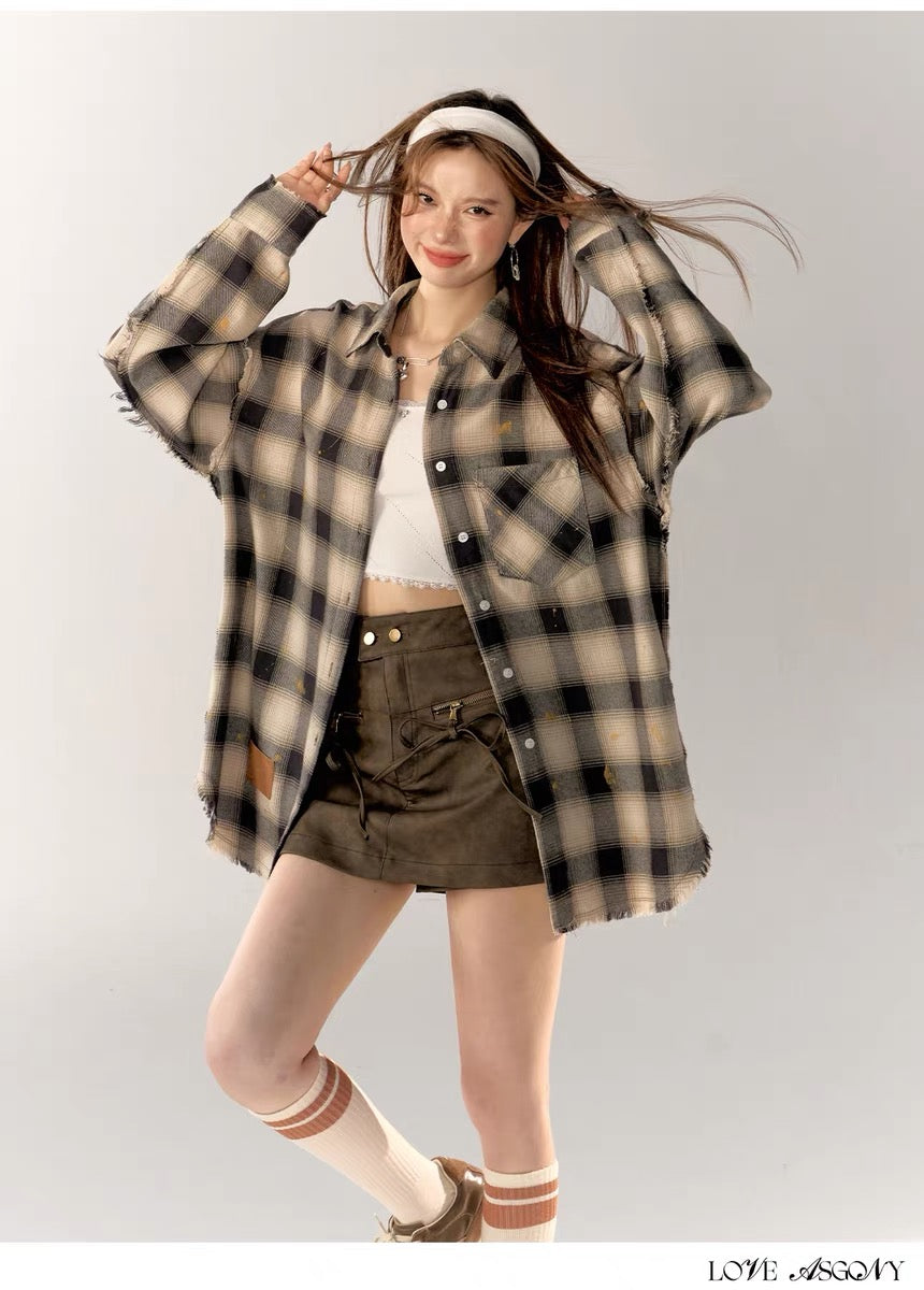 AsGony Label Grid Shirt & High Waist Jeans