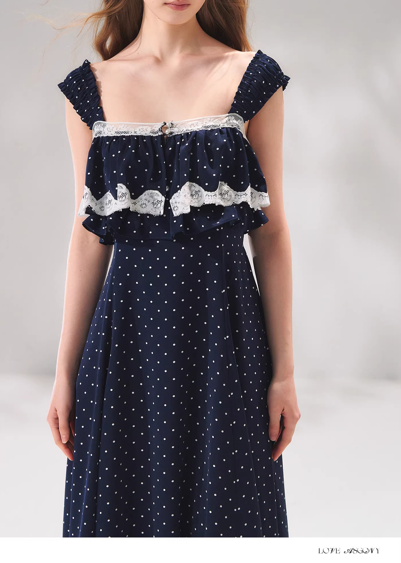 AsGony ASG26056 French lace patchwork camisole polka dot dress
