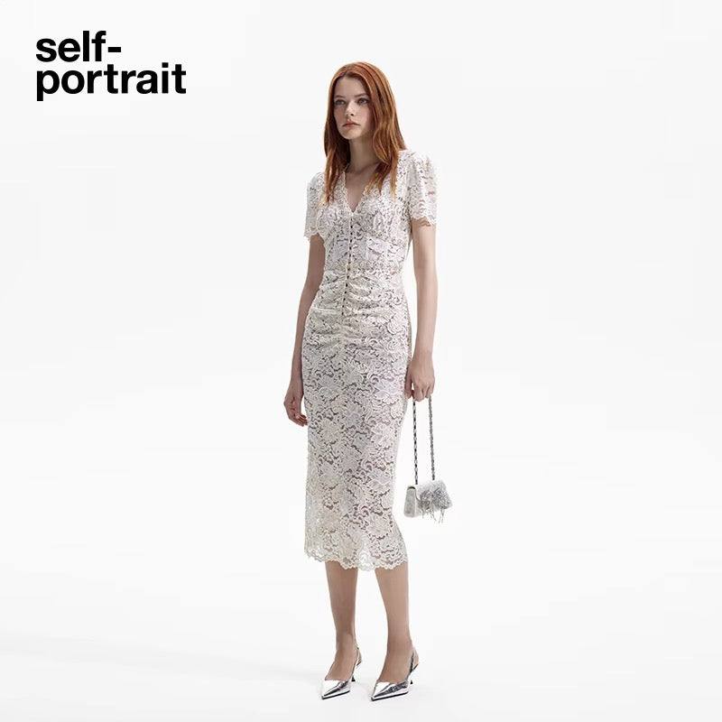 Self-Portrait CREAM CORD LACE V-NECK MIDI DRESS