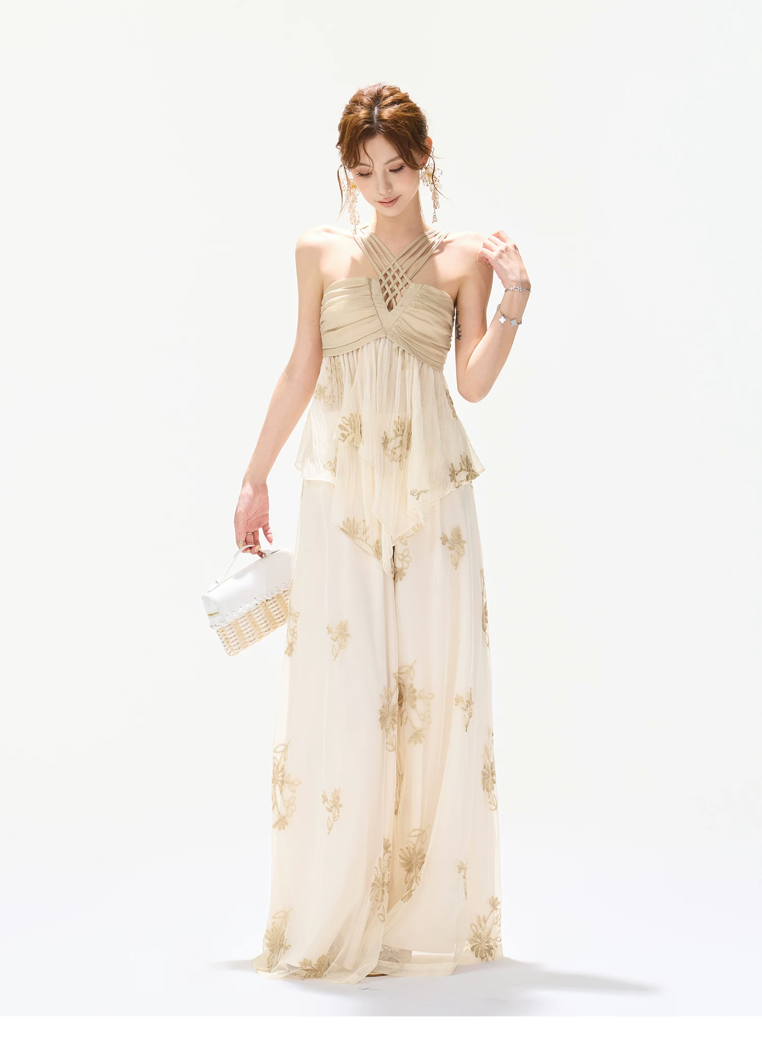 CYNR Soft Chiffon Halter Wide Leg Pants Set