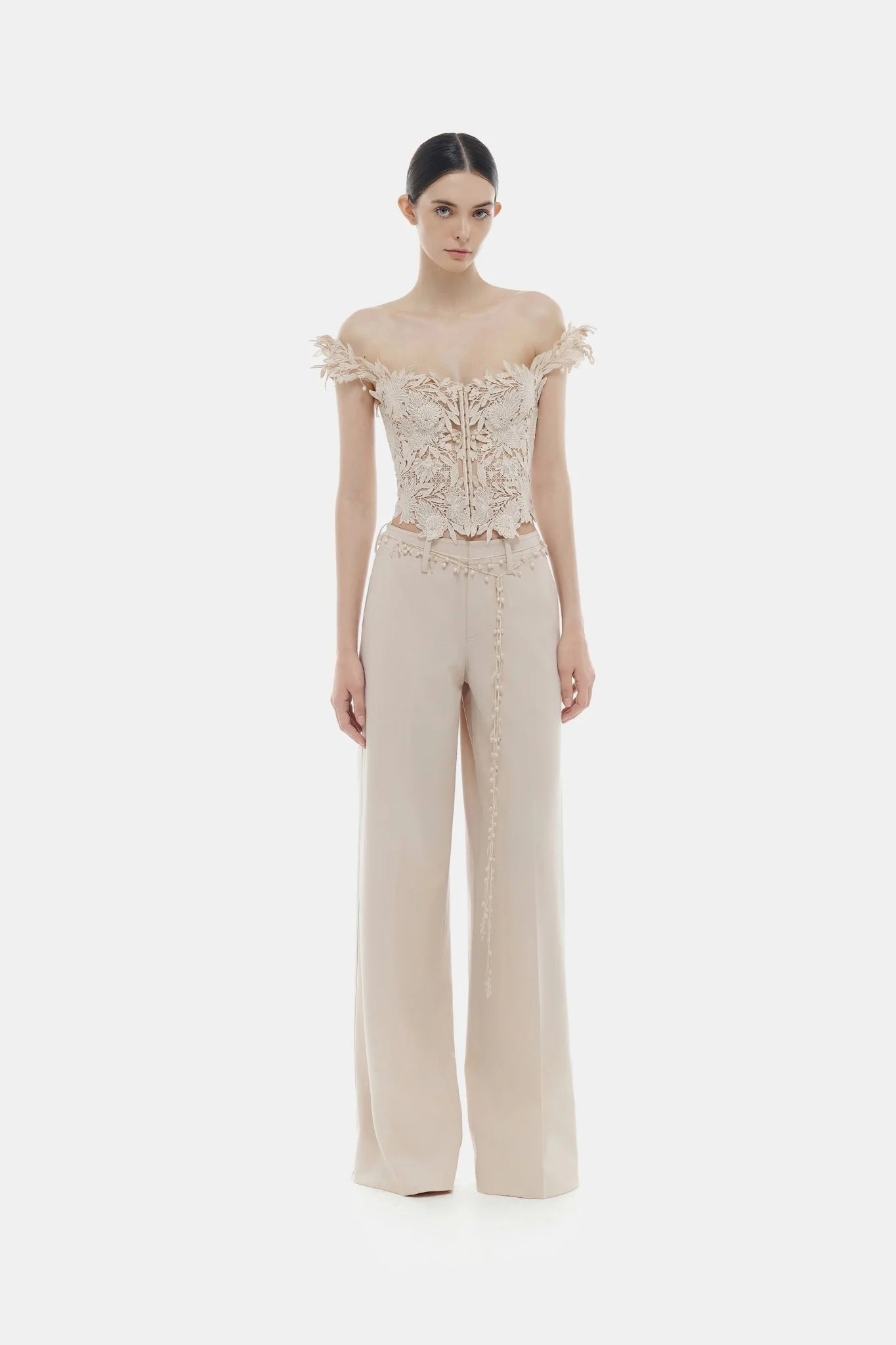 Montsand Beige Flower Beaded Corset Top