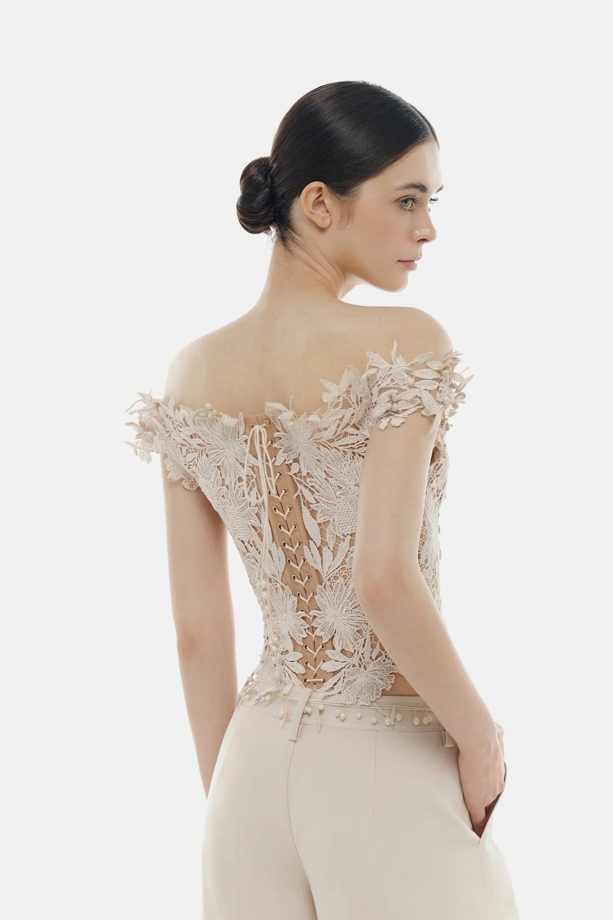 Montsand Beige Flower Beaded Corset Top
