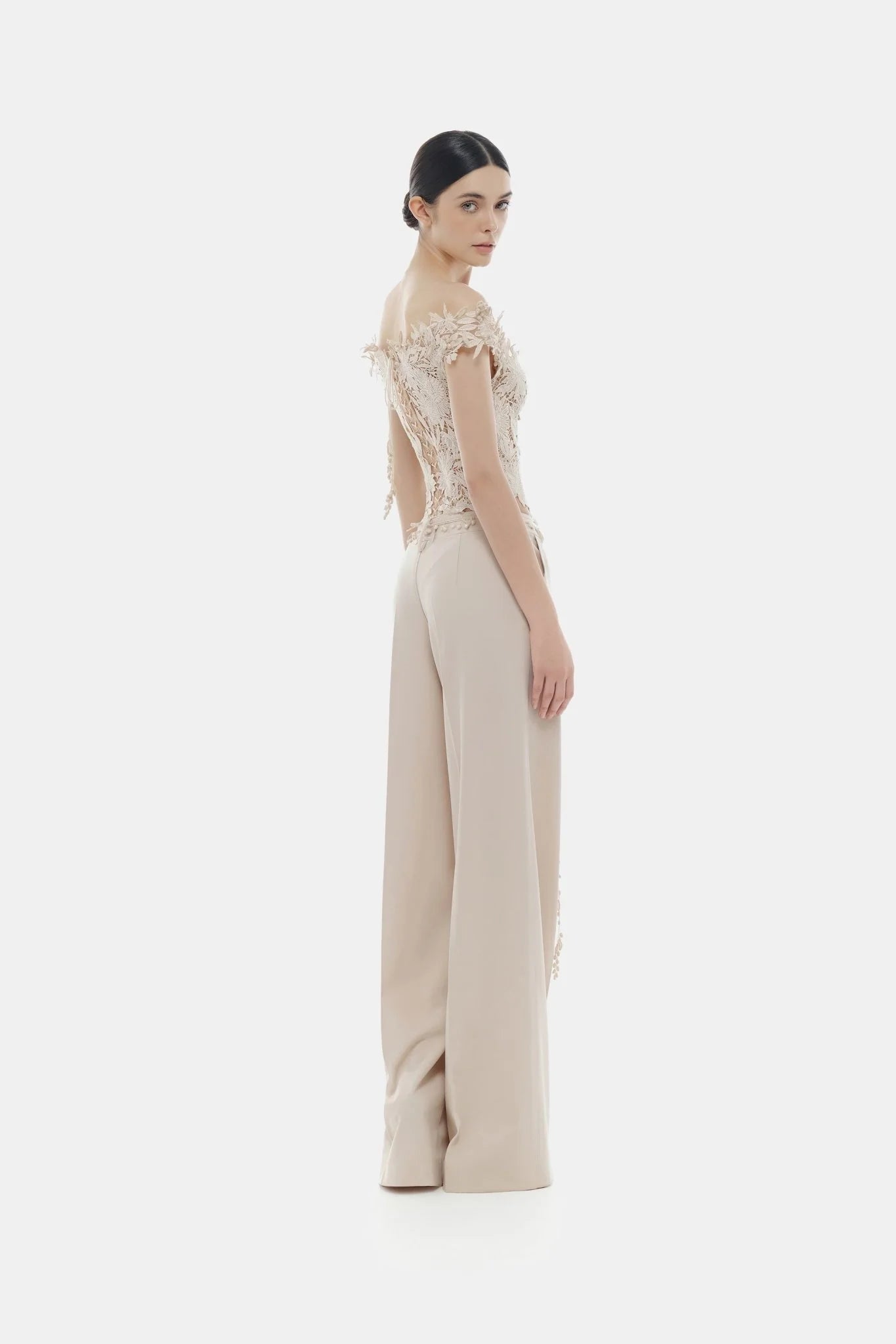 Montsand Beige Flower Beaded Corset Top