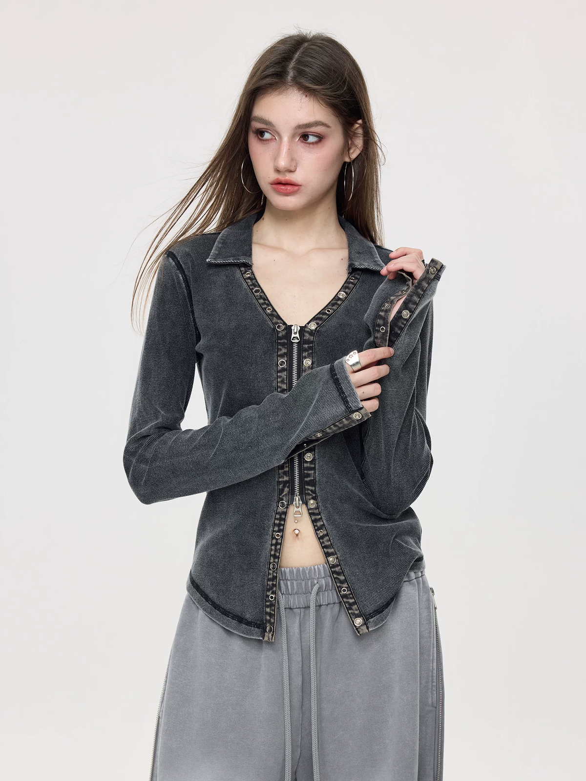 Nova Street Slimming Fitted Blouse with Dual Zippers