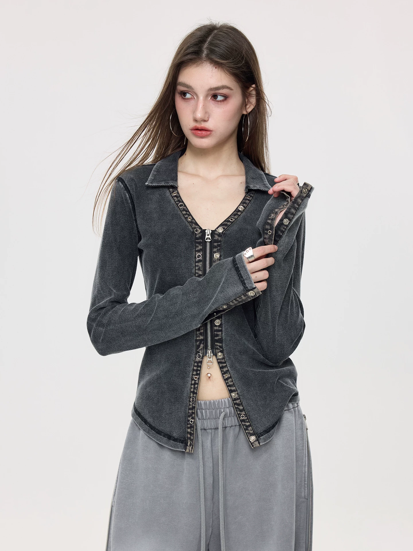 Nova Street Slimming Fitted Blouse with Dual Zippers
