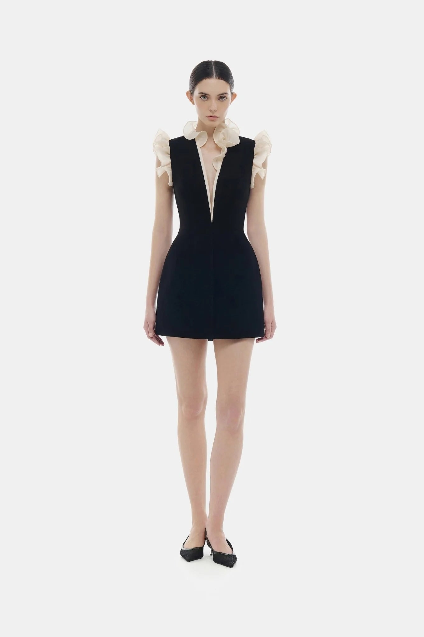 Montsand Black Ruffle V-neck Mini Dress