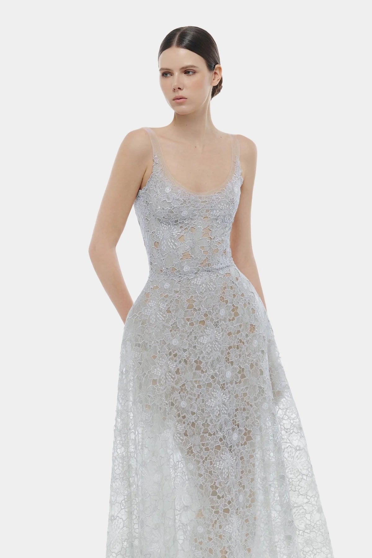 Montsand Blue Flower Lace Maxi Dress
