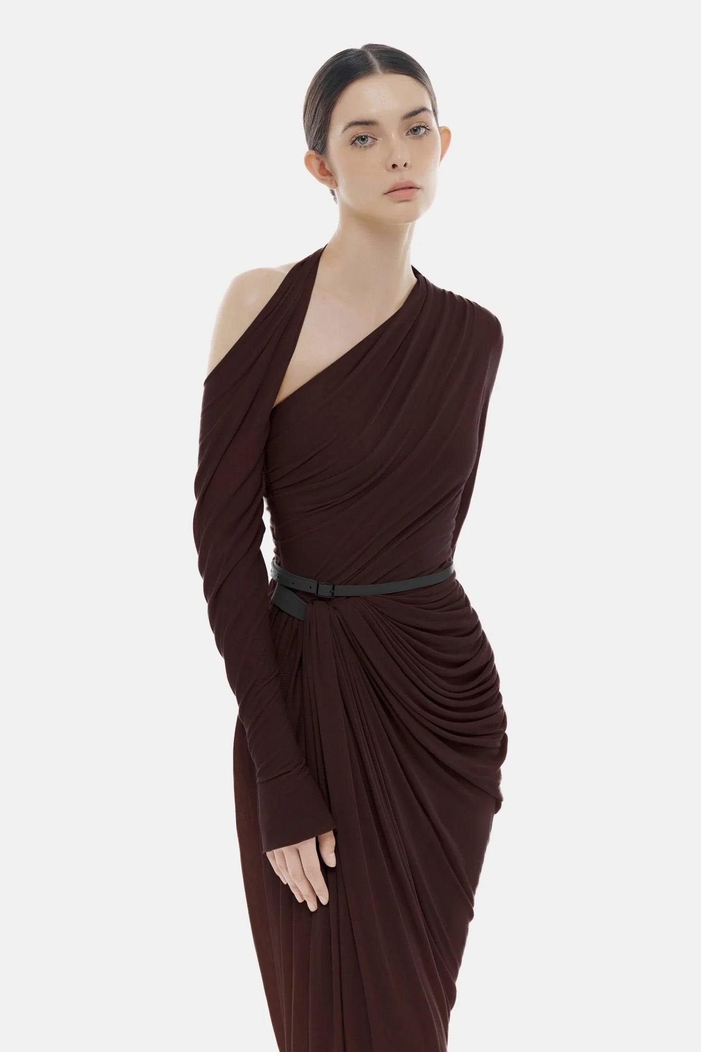 Montsand Brown Draped Asymmetric Maxi Dress