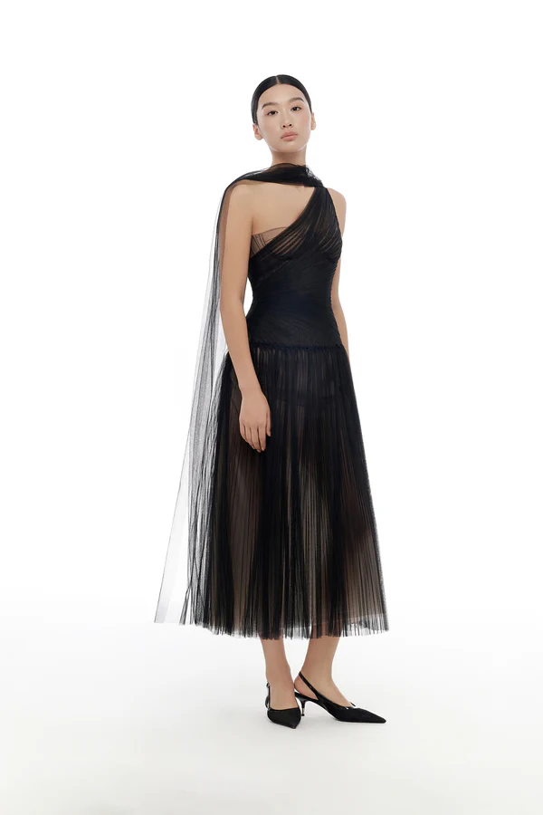 Montsand Draped Midi Dress-Black