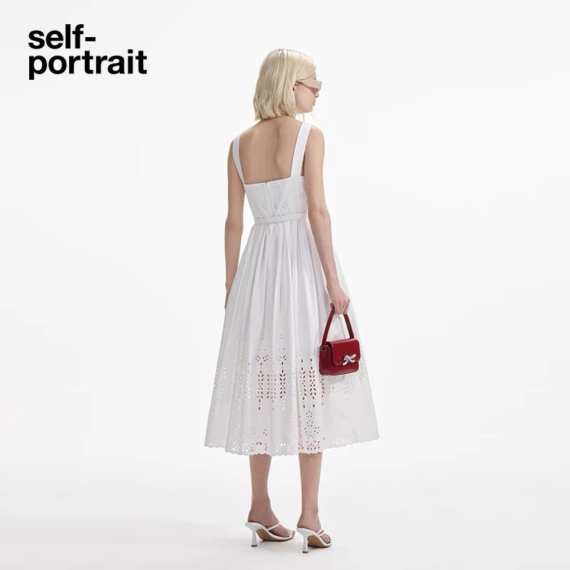 Self-Portrait WHITE COTTON BRODERIE MIDI DRESS